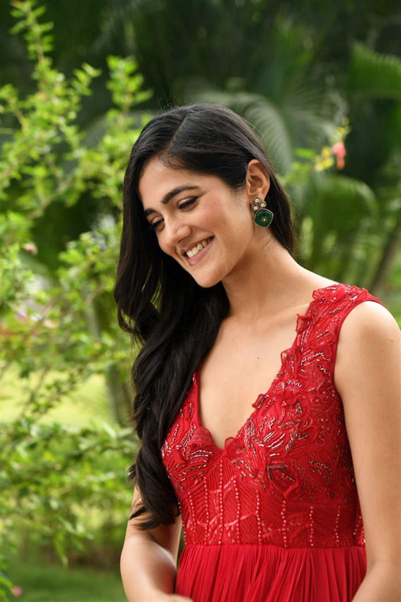 Telugu Actress Simran Choudhary in Red Dress at Atharva Movie Press Meet